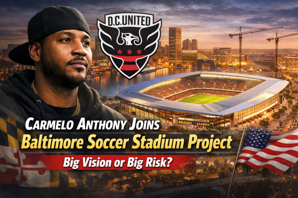 Graphic featuring Carmelo Anthony alongside an artistic rendering of the Baltimore Soccer Stadium Project with a city skyline in the background and text highlighting the collaboration.