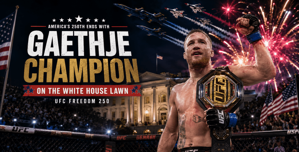 A victorious fighter holds a UFC championship belt on the White House lawn, with fireworks in the background and an airshow of jets overhead, celebrating America's 250th anniversary.
