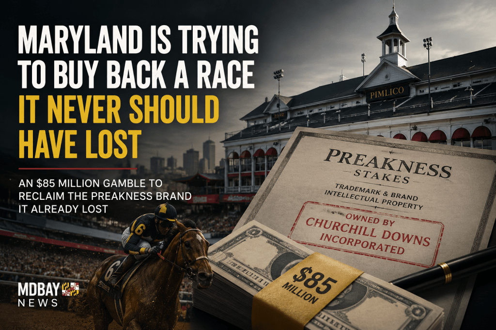 A graphic featuring a horse and jockey in racing gear at Pimlico Race Course, with bold text discussing Maryland's attempt to reclaim the Preakness Stakes brand for $85 million. The image includes a visual representation of a dollar bill and an official document marked with 'Preakness Stakes' and 'owned by Churchill Downs Incorporated.'