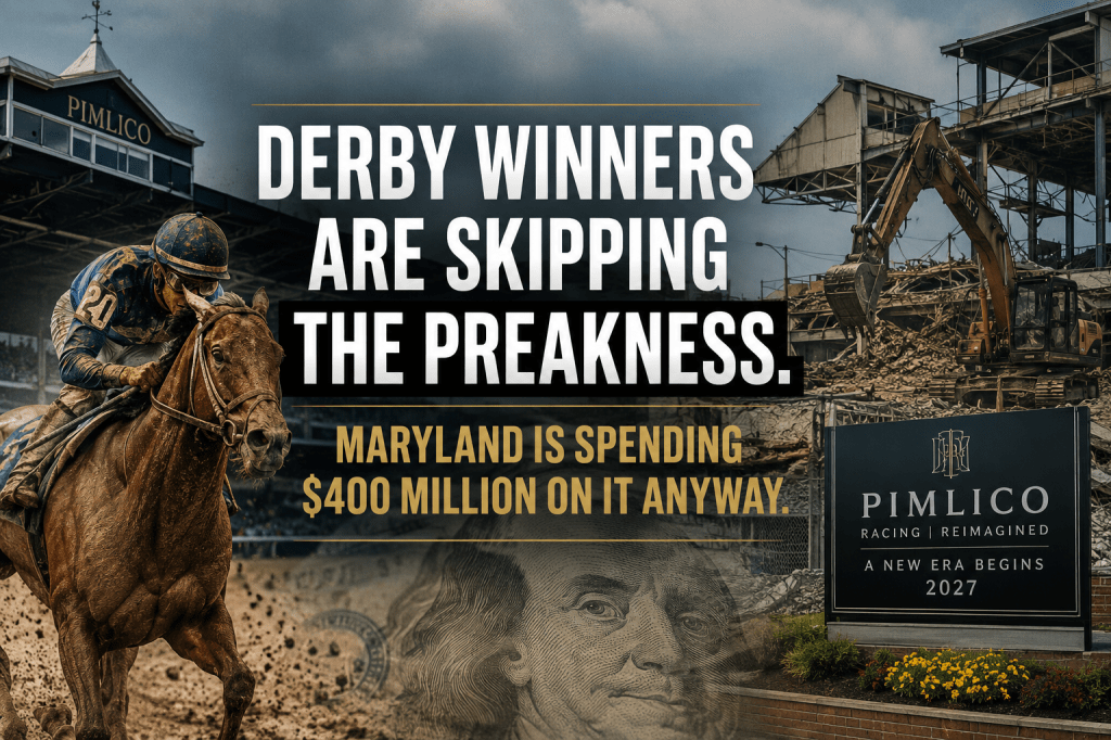 A horse and jockey racing at Pimlico racetrack with construction equipment and a demolition site in the background. Overlaid text discusses Derby winners skipping the Preakness and Maryland's $400 million investment in the event.