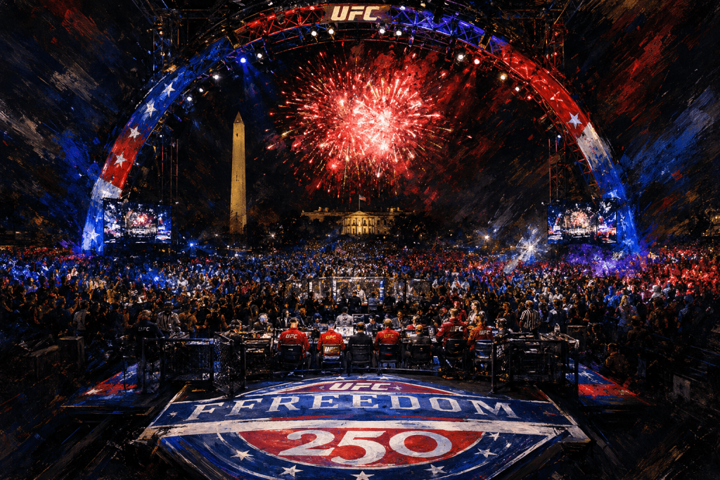 Large crowd at a UFC event with fireworks in the background, featuring a stage decorated with stars and stripes, near a monument.