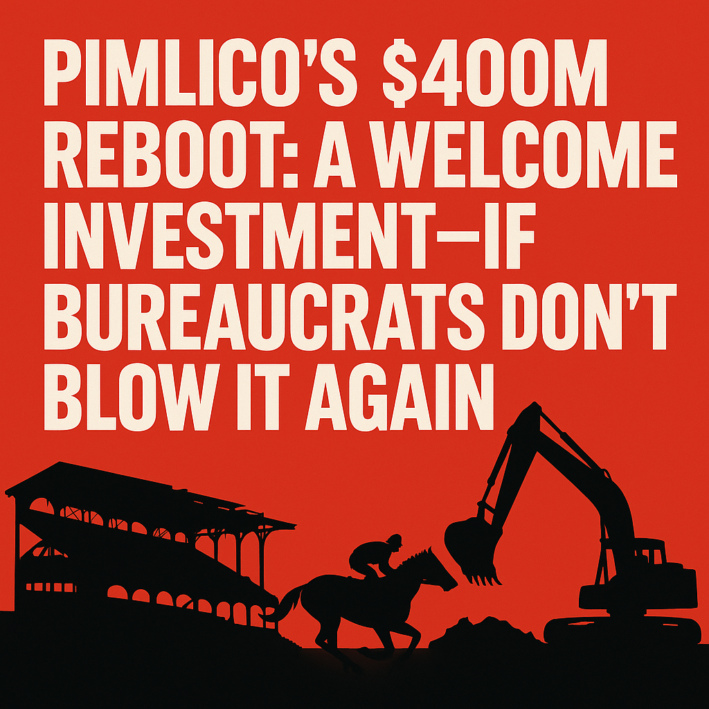 A graphic promoting the redevelopment of Pimlico Race Course, featuring the text 'Pimlico's $400M Reboot: A Welcome Investment—If Bureaucrats Don't Blow It Again' on a red background, with illustrations of a horse and a construction excavator alongside a silhouette of the racetrack.