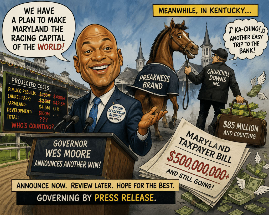 Cartoon depicting Maryland Governor Wes Moore announcing plans to enhance horse racing in Maryland, with projected costs listed. In the background, a horse from Kentucky appears with a Churchill Downs representative celebrating financial gains, highlighting a large taxpayer bill for Maryland.