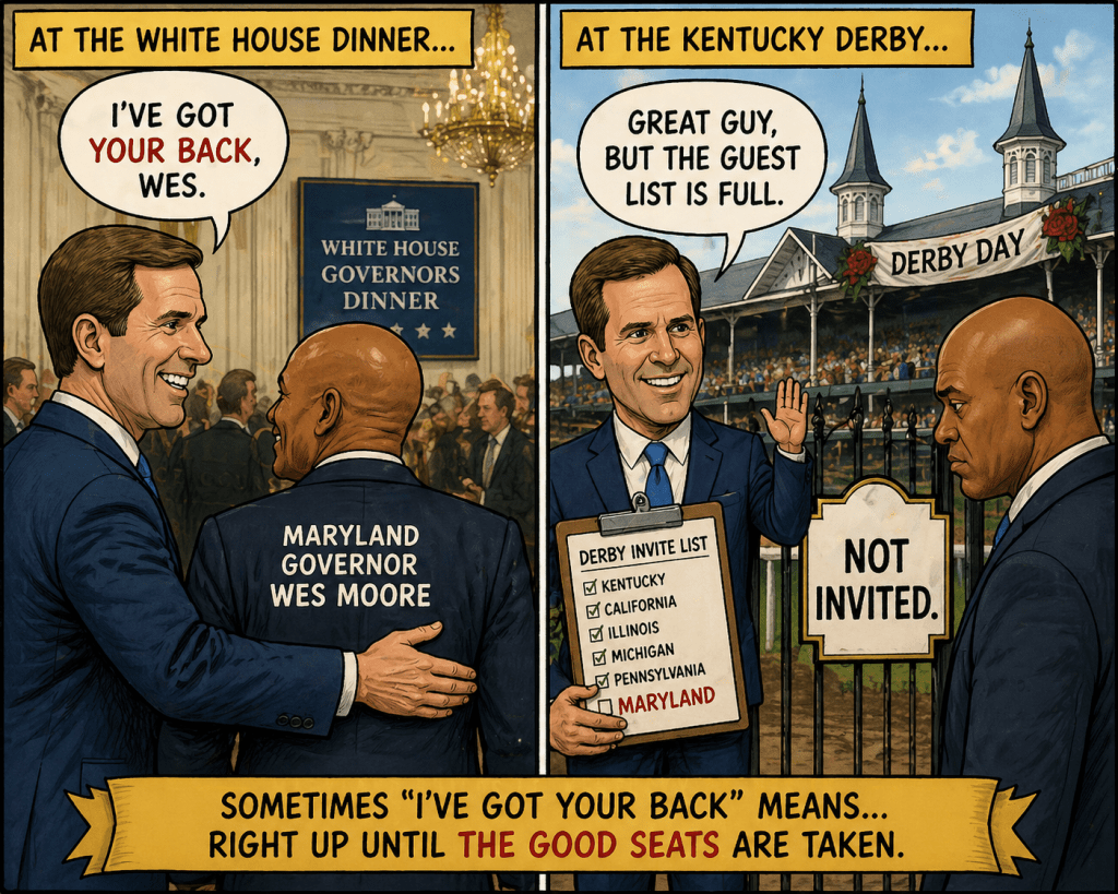 A comic strip featuring two scenes: one at the White House Governors Dinner with a man embracing another, labeled as Maryland Governor Wes Moore, and another at the Kentucky Derby where a man holding an invite list indicates that Maryland is not invited, alongside a humorous caption about having someone's back until good seats are taken.