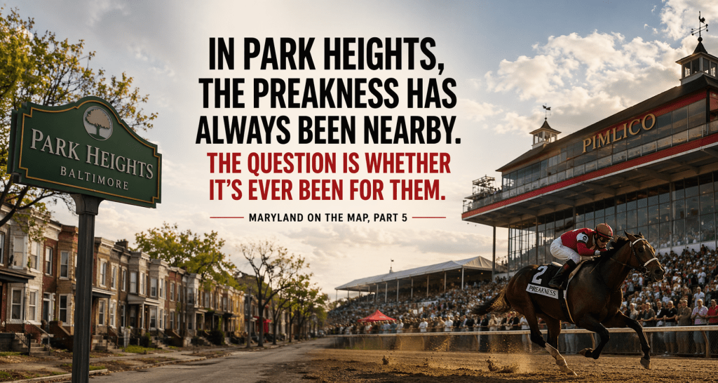 A horse racing at Pimlico racetrack with the Park Heights sign in the foreground, capturing the essence of the Preakness Stakes in Baltimore.