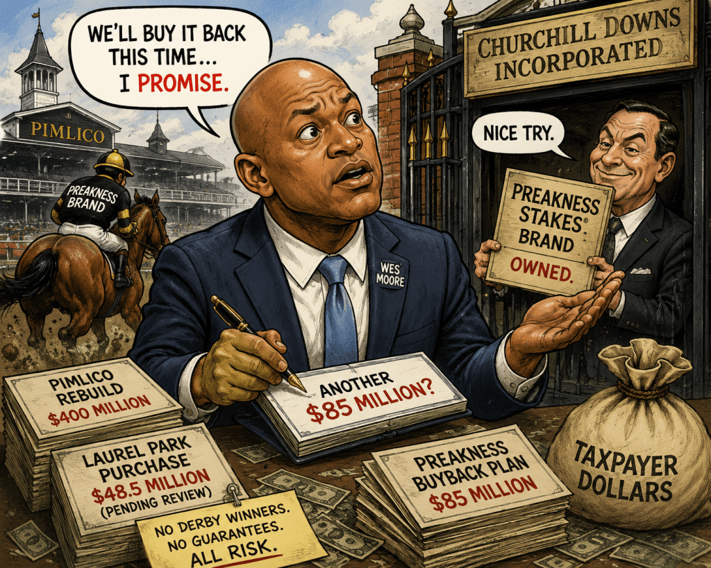 A cartoon depicting a man in a suit, labeled Wes Moore, looking frustrated while sitting at a table covered with financial documents. In the background, a horse is racing at Pimlico, and another man in a suit beyond a gate smirks while holding a sign that reads 'Preakness Stakes Brand Owned.' The scene addresses financial investments with amounts listed, alongside comments about the risks involved.