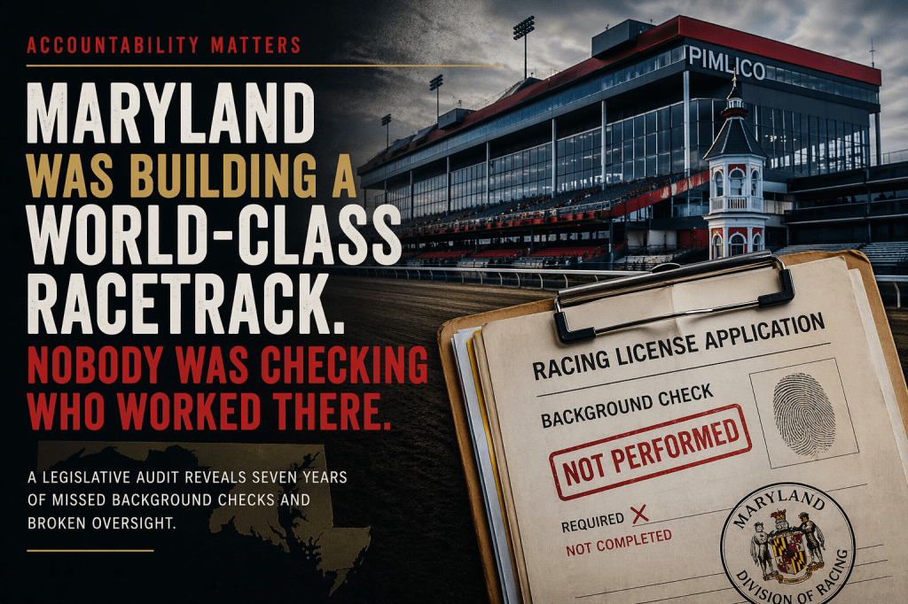 Image depicting Pimlico Race Course with a clipboard featuring a racing license application and notes on background checks. Text highlights accountability and issues in oversight during the construction of a racetrack in Maryland.