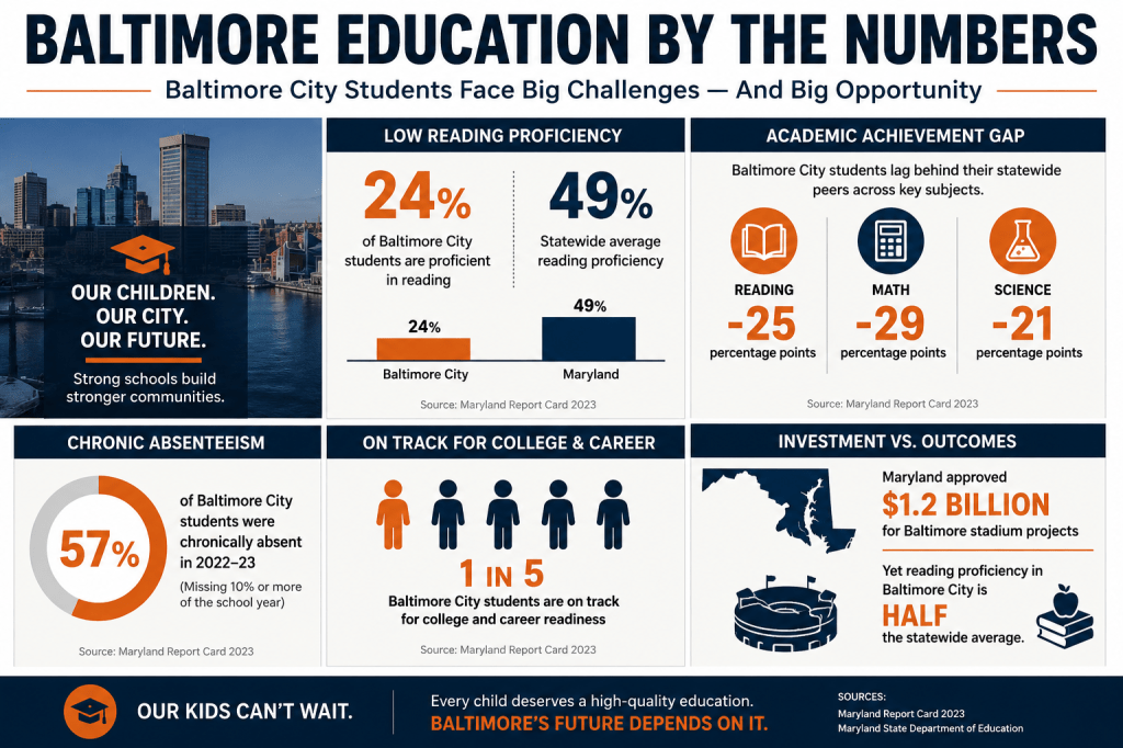 Infographic titled 'Baltimore Education By The Numbers' highlighting key statistics about Baltimore City students, including reading proficiency, academic achievement gaps, chronic absenteeism, and investment in education.