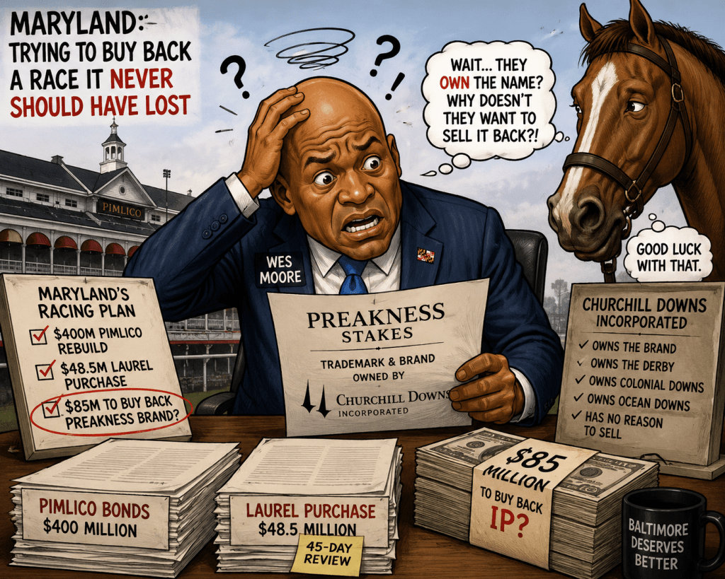 A cartoon illustration depicting a concerned man named Wes Moore, discussing Maryland's racing plan, including a $400 million Pimlico rebuild and efforts to buy back the Preakness brand from Churchill Downs Incorporated, with a horse in the background.
