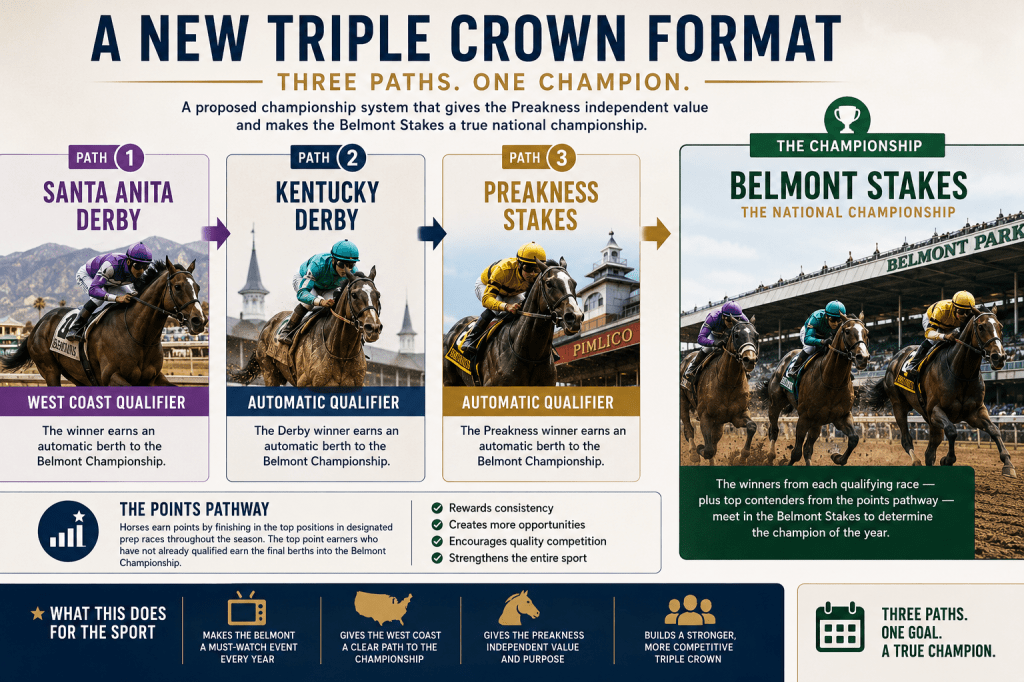 Infographic detailing a new format for the Triple Crown series in horse racing, featuring three paths: Santa Anita Derby, Kentucky Derby, and Preakness Stakes, leading to the Belmont Stakes as the national championship.