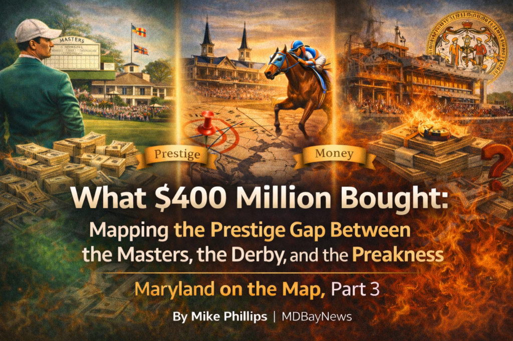 A creative illustration depicting the theme of prestige and money in sports, featuring a golfer, a horse racer, and stacks of cash, along with the title 'What $400 Million Bought: Mapping the Prestige Gap Between the Masters, the Derby, and the Preakness'.