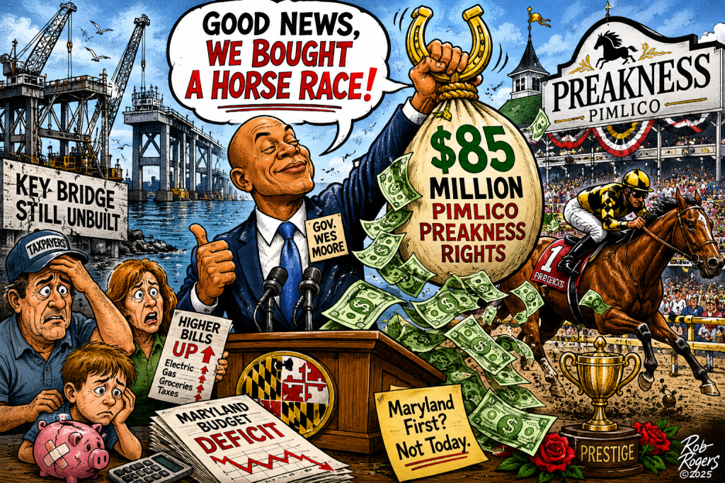Illustration depicting a politician celebrating the purchase of horse racing rights with a bag of money, while concerned citizens react to a budget deficit and infrastructure issues in Maryland.