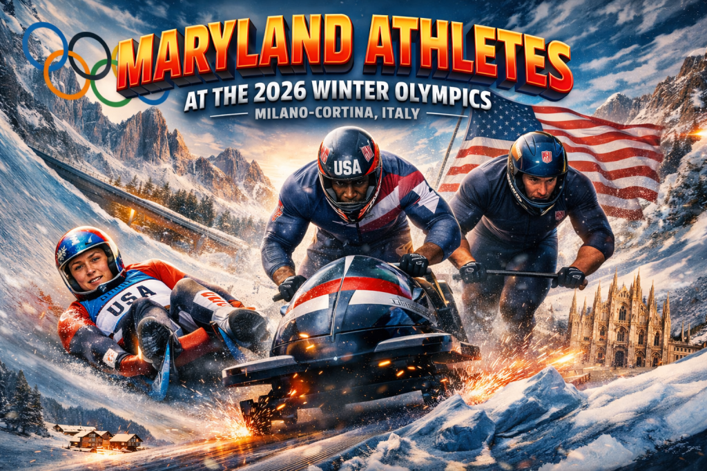 A dynamic illustration of Maryland athletes competing in bobsledding at the 2026 Winter Olympics in Milano-Cortina, Italy, featuring snow-covered mountains and Olympic rings in the background.