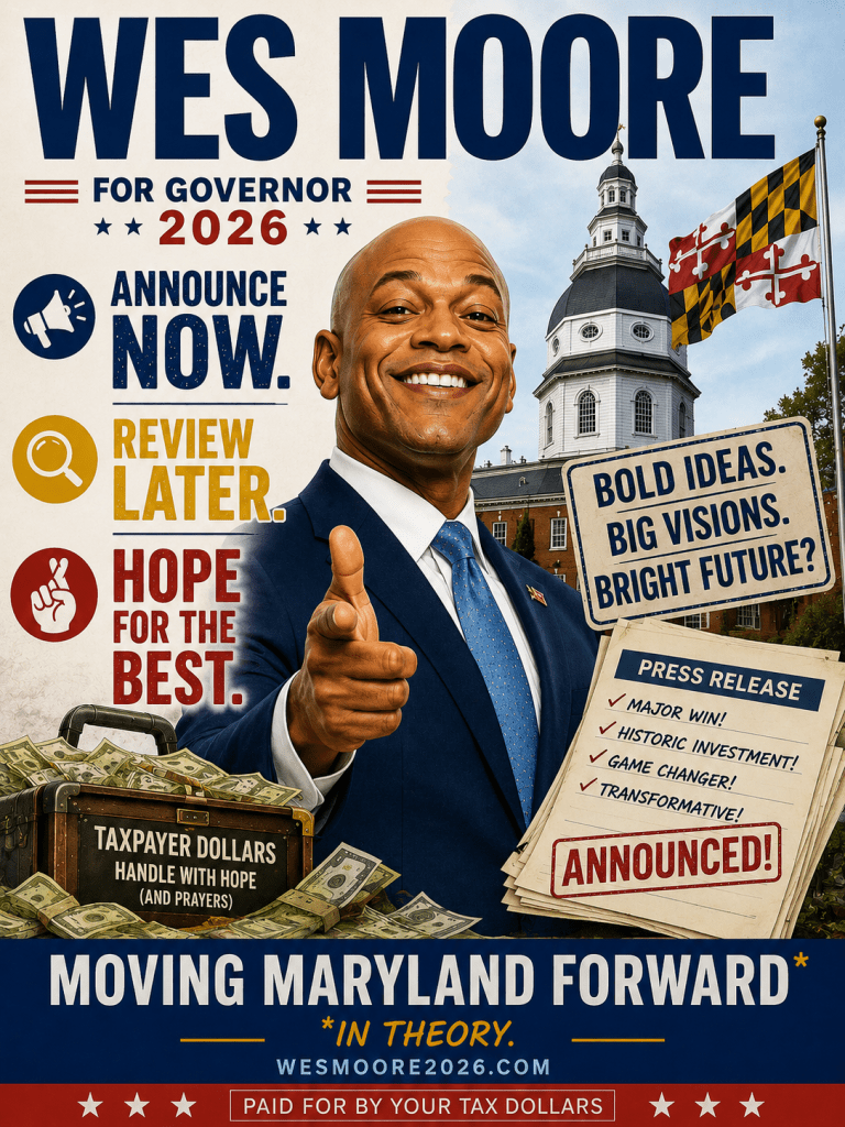 Campaign poster for Wes Moore, running for Governor of Maryland in 2026, featuring a smiling Wes Moore in a suit with a governmental building in the background, slogans about hope and investment, and a call to action.