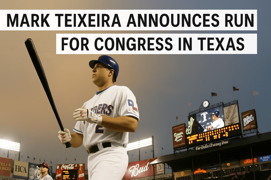Mark Teixeira announces his run for Congress in Texas, standing at a baseball field with a bat.