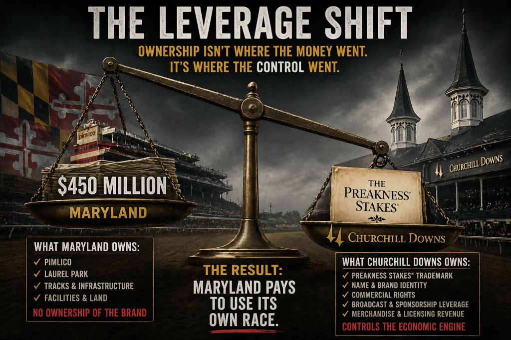 Infographic illustrating the ownership dynamics of Maryland and Churchill Downs, highlighting the financial difference of $450 million and emphasizing Maryland's lack of brand ownership despite owning facilities.