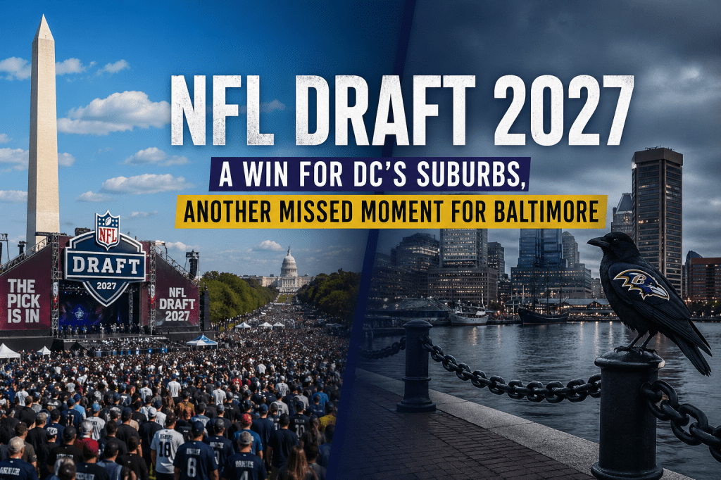A split image depicting the NFL Draft 2027 event with a large crowd in Washington, D.C. on the left, featuring the Washington Monument and Capitol building, and a close-up of a raven with a Baltimore Ravens logo on the right, representing missed opportunities for Baltimore.