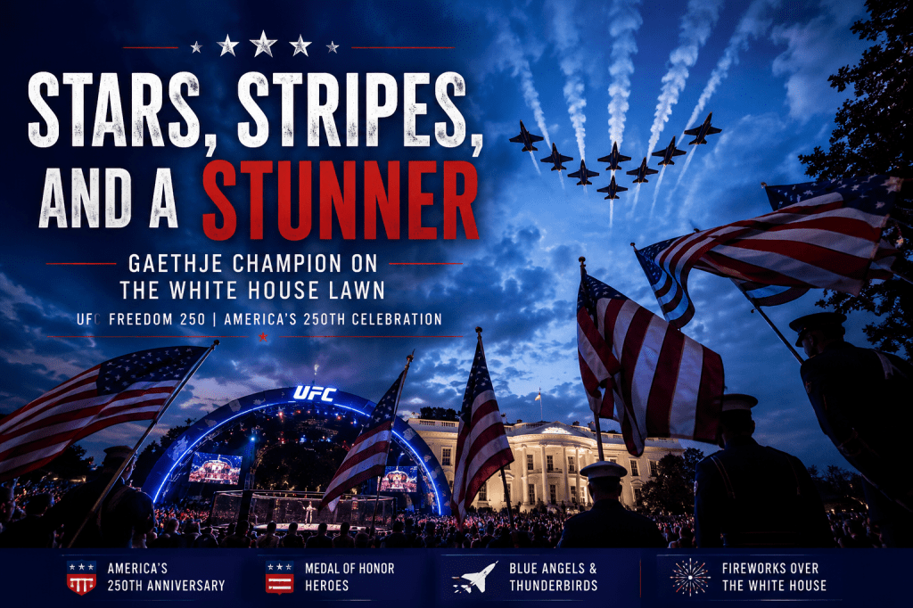 A patriotic celebration at the White House featuring a display of American flags, military personnel, and fighter jets performing in the sky, with fireworks in the background and text highlighting the UFC Freedom 250 event.